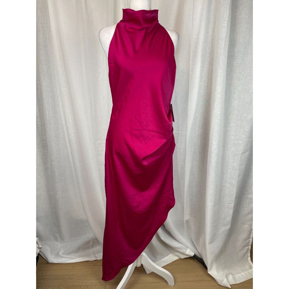 Melloday Fuchsia High-Neck Asymmetrical Dress – Size XL
